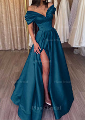 A Line Off The Shoulder Short Sleeve Satin Long Floor Length Prom Dress With Ruffles Split