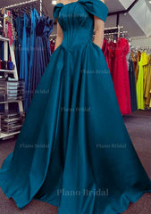 A Line Off The Shoulder Strapless Long Floor Length Satin Prom Dress With Pleated Pockets