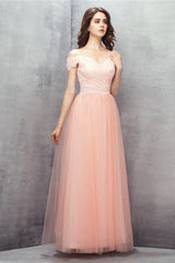 A-line Pink Off Shoulder Lace Prom Dresses