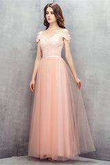 A-line Pink Off Shoulder Lace Prom Dresses