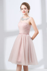 A-Line Pink Tulle Lace Pleats Knee Length Homecoming Dresses