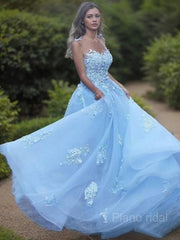 A-Line/Princess Bateau Sweep Train Tulle Prom Dresses With Appliques Lace
