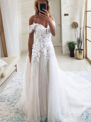 A-Line/Princess Off-the-Shoulder Cathedral Train Tulle Wedding Dresses With Appliques Lace