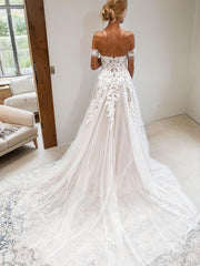 A-Line/Princess Off-the-Shoulder Cathedral Train Tulle Wedding Dresses With Appliques Lace
