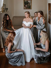 A-Line/Princess Off-the-Shoulder Cathedral Train Satin Wedding Dresses