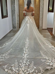 A-Line/Princess Off-the-ombro Chapel Train Tulle Vestido de noiva com apliques Lace