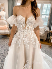 A-Line/Princess Off-the-Shoulder Chapel Train Tulle Wedding Dresses With Appliques Lace