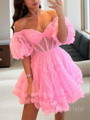 A-Line/Princess Off-the-Shoulder Corset Short/Mini Tulle Homecoming Dresses With Ruffles