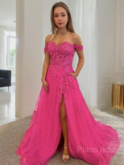 A-Line/Princess Off-the-Shoulder Court Train Tulle Prom Dresses With Leg Slit
