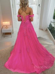 A-Line/Princess Off-the-Shoulder Court Train Tulle Prom Dresses With Leg Slit