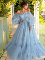 A-Line/Princess Off-the-Shoulder Floor-Length Tulle Prom Dresses With Appliques Lace
