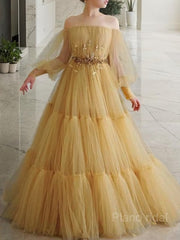 A-Line/Princess Off-the-Shoulder Floor-Length Tulle Prom Dresses With Beading