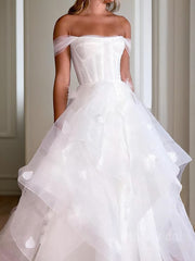 A-Line/Princess Off-the-Shoulder Floor-Length Tulle Wedding Dresses