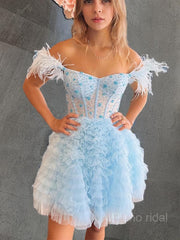 A-line/Princess Off-the-Shoulder Knee-Length Tulle Homecoming Dress with Cascading Ruffles