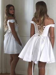 A-line/Princess Off-the Shoulder Short/Mini Satin Homecoming Abites with Fraffles