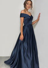 A Line Princess Off The Shoulder Sleeveless Sweep Train Satin Prom Dress With Pleated