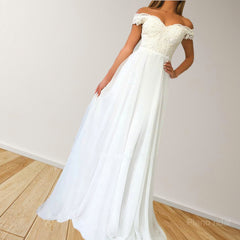 A-Line/Princess Off-the-Shoulder Sweep Train Chiffon Prom Dresses With Appliques Lace
