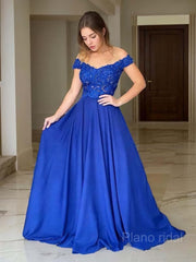 A-Line/Princess Off-the-Shoulder Sweep Train Elastic Woven Satin Evening Dresses With Appliques Lace