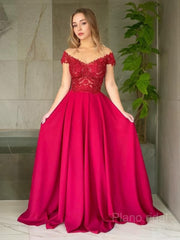 A-Line/Princess Off-the-Shoulder Sweep Train Elastic Woven Satin Evening Dresses With Appliques Lace