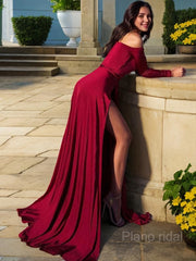 A-Line/Princess Off-the-Shoulder Sweep Train Jersey Prom Dresses With Leg Slit