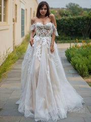 A-Line/Princess Off-the-Shoulder Sweep Train Lace Wedding Dresses