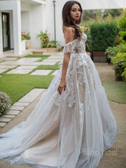 A-Line/Princess Off-the-Shoulder Sweep Train Lace Wedding Dresses