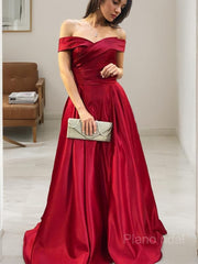 A-Line/Princess Off-the-Shoulder Sweep Train Satin Prom Dresses With Ruffles