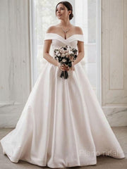 A-Line/Princess Off-the-Shoulder Sweep Train Satin Wedding Dresses
