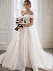A-Line/Princess Off-the-Shoulder Sweep Train Satin Wedding Dresses