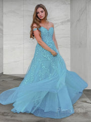 A-Line/Princess Off-the-Shoulder Sweep Train Tulle Prom Dresses With Appliques Lace