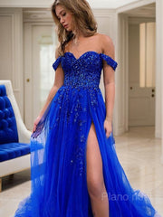 A-Line/Princess Off-the-Shoulder Sweep Train Tulle Prom Dresses With Leg Slit