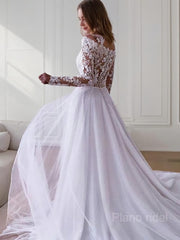 A-line/Princess Off-the Shoulder Sweep Train Tulle Wedding Dresses