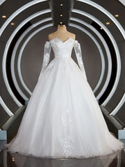 A-Line/Princess Off-the-ombro Vestidos de noiva Tule Tulle com apliques renda