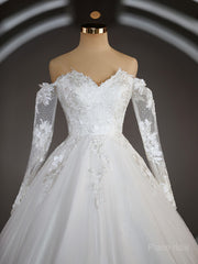 A-line/Princess Off-the Shoulder Sweep Train Tulle Wedding Dresses with Appliques Lace