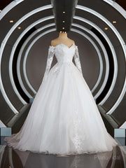 A-line/Princess Off-the Shoulder Sweep Train Tulle Wedding Dresses with Appliques Lace
