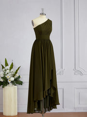 A-Line/Princess One-Shoulder Asymmetrical Chiffon Bridesmaid Dresses with Pleated