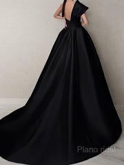 A-Line/Princess One-Shoulder Sweep Train Satin Prom Dresses With Ruffles