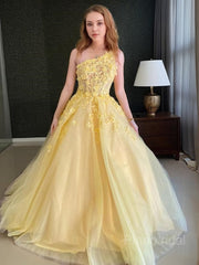 A-Line/Princess One-Shoulder Sweep Train Tulle Prom Dresses With Appliques Lace