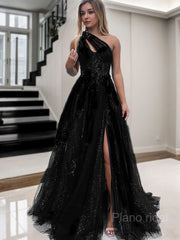 A-Line/Princess One-Shoulder Sweep Train Tulle Prom Dresses With Leg Slit