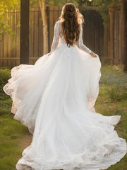 A-Line/Princess Scoop Cathedral Train Tulle Vestres de noiva com apliques renda