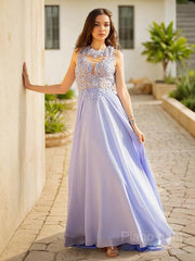 A-Line/Princess Scoop Sweep Train Chiffon Prom Dresses With Appliques Lace
