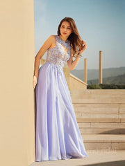 A-Line/Princess Scoop Sweep Train Chiffon Prom Dresses With Appliques Lace