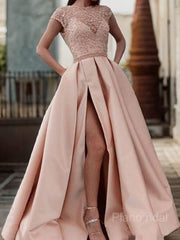 A-Line/Princess Scoop Sweep Train Satin Prom Dresses With Pockets