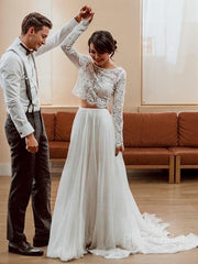 A-Line/Princess Scoop Sweep Train Tulle Wedding Dresses