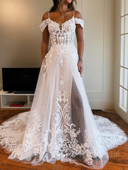 A-Line/Princess Spaghetti Straps Chapel Train Tulle Wedding Dresses With Leg Slit