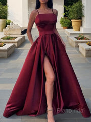 A-Line/Princess Spaghetti Straps Floor-Length Satin Prom Dresses With Leg Slit