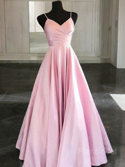 A-Line/Princess Spaghetti Straps Floor-Length Satin Prom Dresses With Ruffles