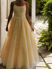 A-Line/Princess Spaghetti Straps Floor-Length Tulle Prom Dresses With Appliques Lace