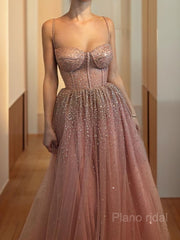 A-Line/Princess Spaghetti Straps Floor-Length Tulle Prom Dresses With Beading