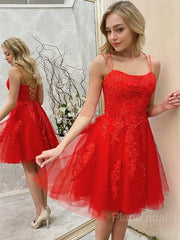 A-Line/Princess Spaghetti Straps Short/Mini Tulle Homecoming Dresses With Appliques Lace